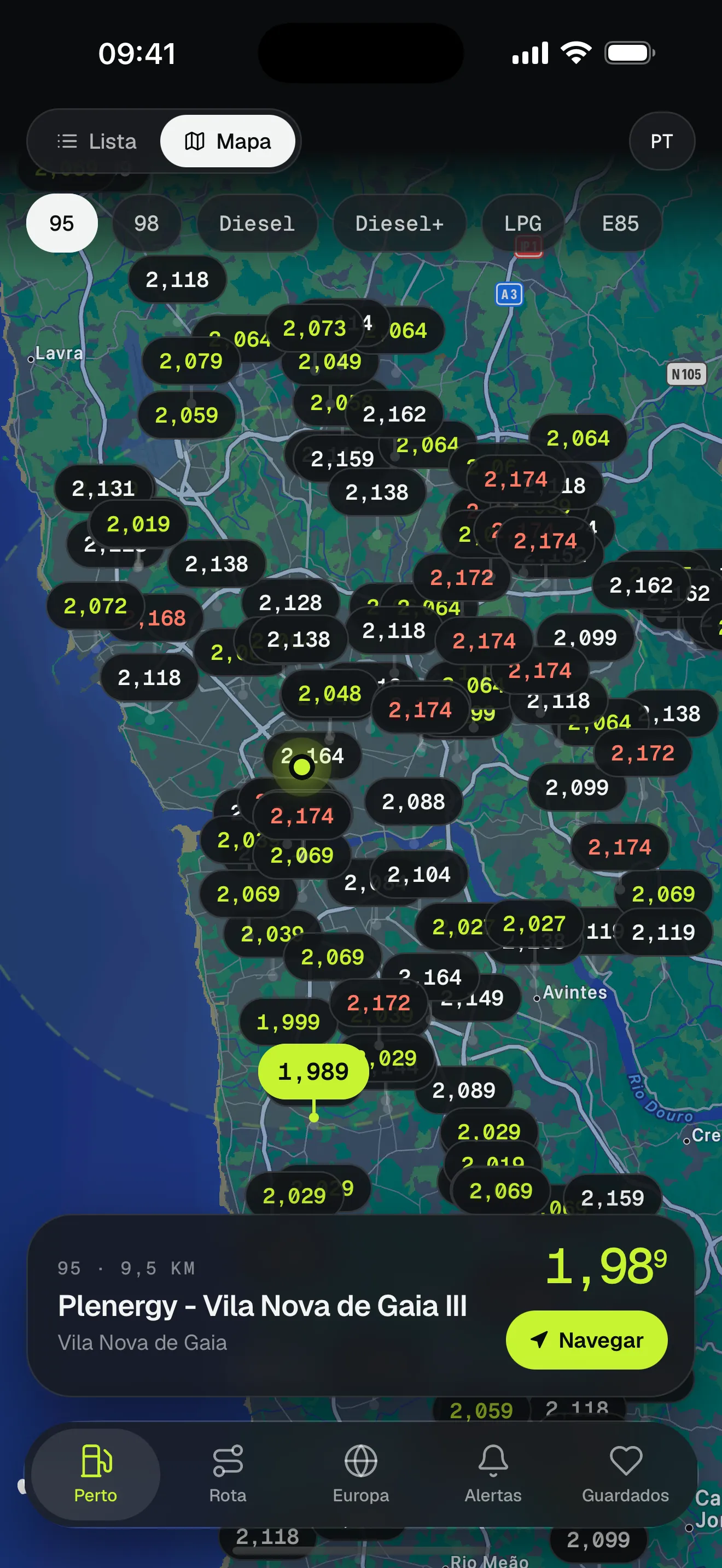 Mapa de Lisboa com o preço de cada posto