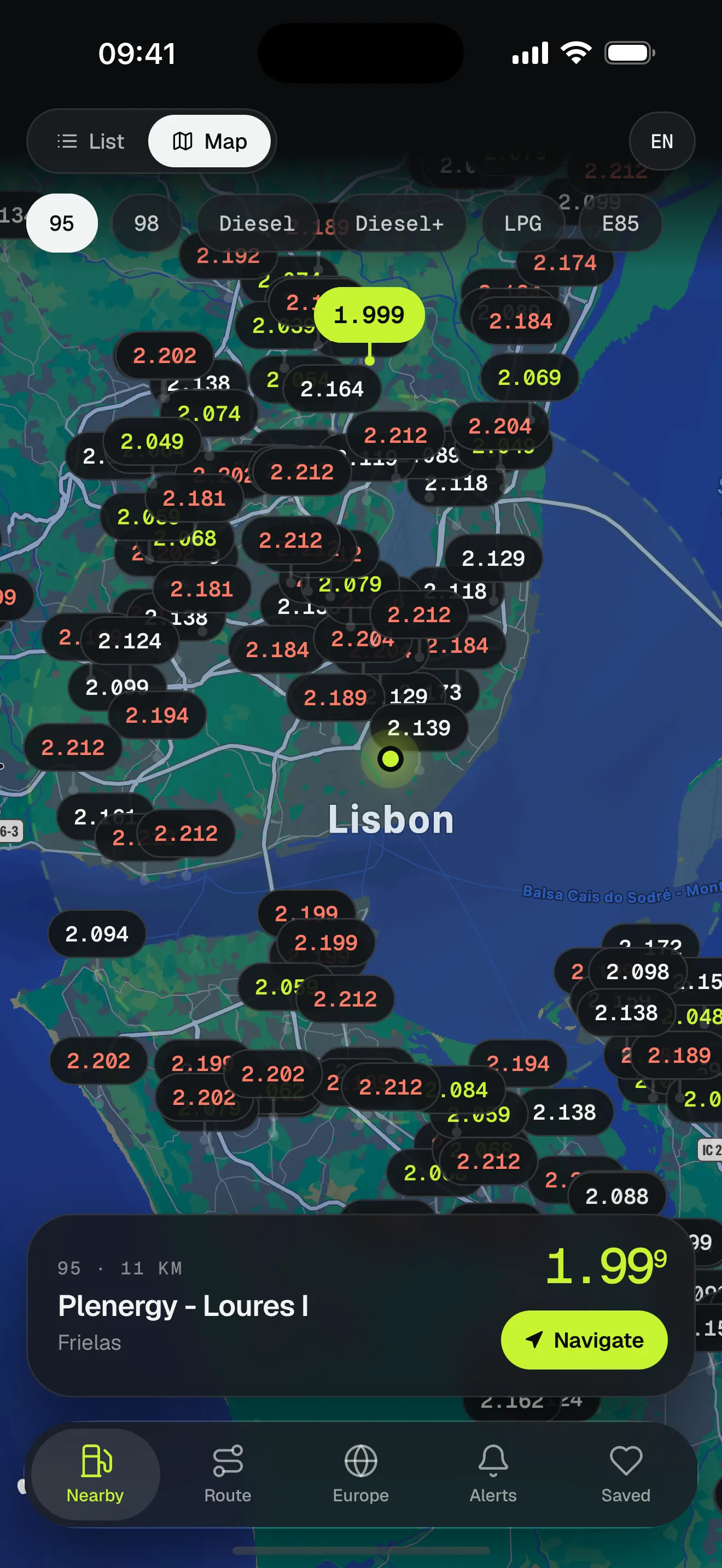 Map of Lisbon with a price pin on every station