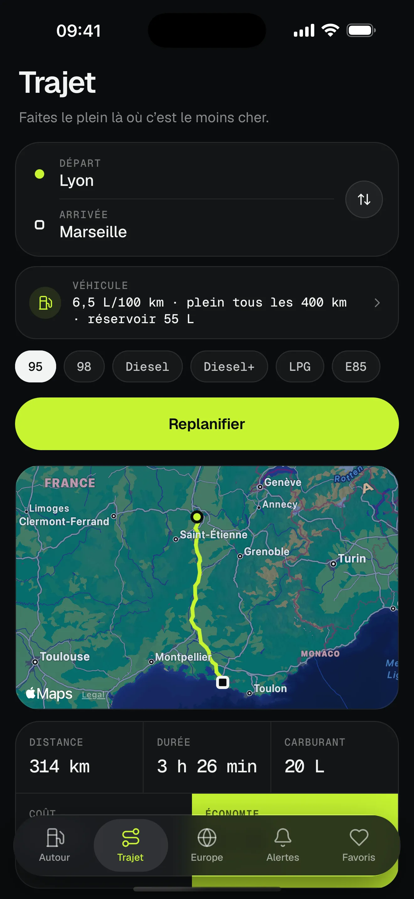 Planificateur de trajet de Lisbonne à Madrid, avec l’arrêt le moins cher indiqué sur la carte