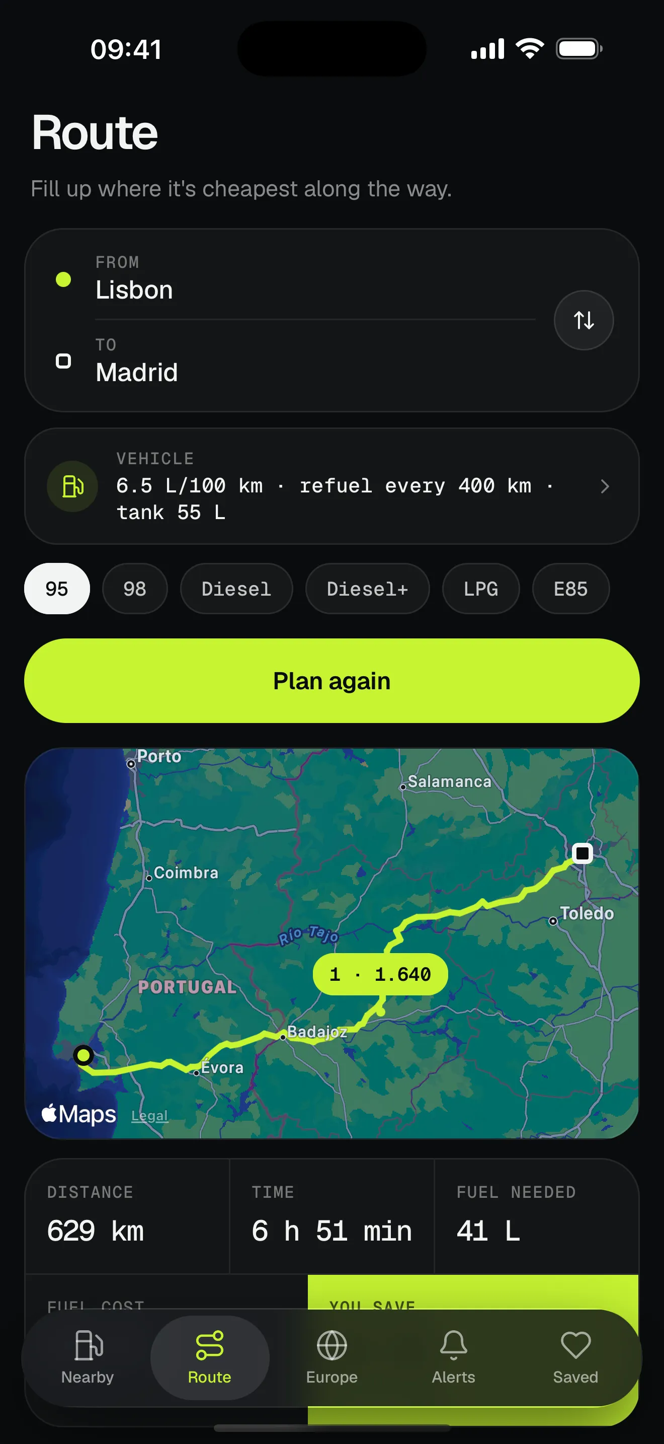 Route planner from Lisbon to Madrid with the cheapest stop marked on the map