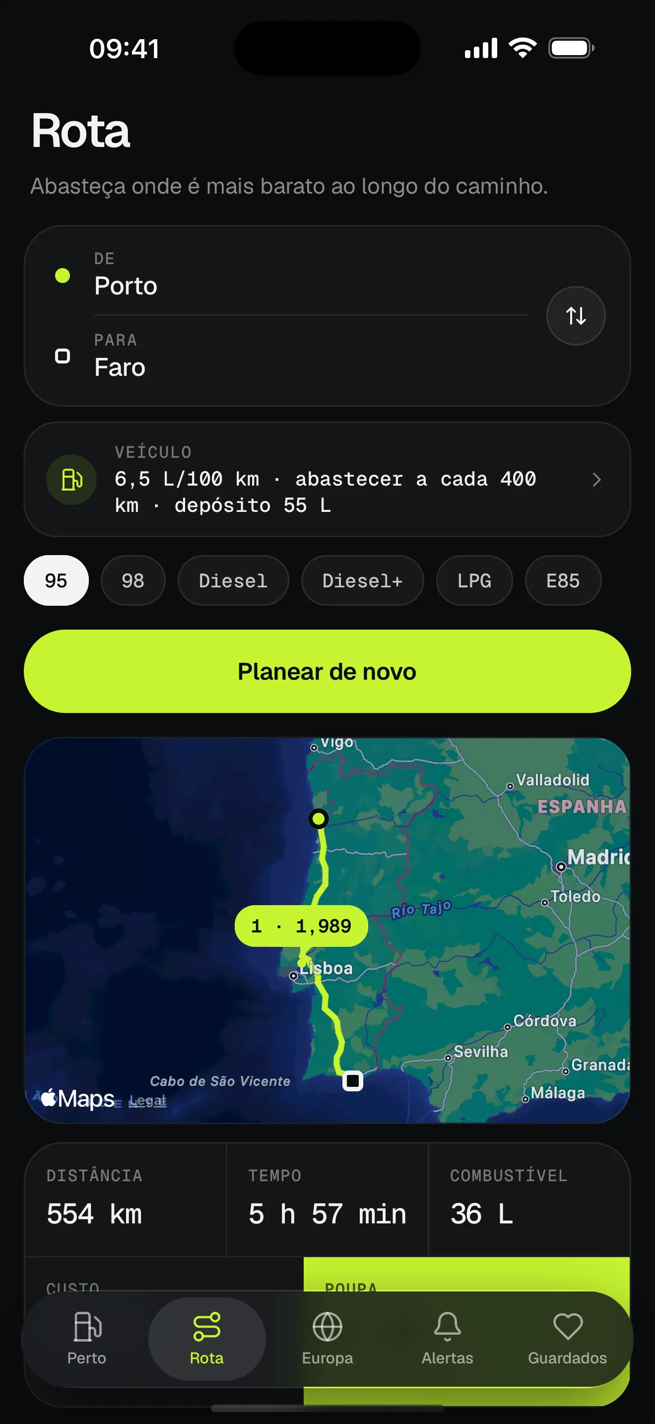 Planeador de rota de Lisboa a Madrid, com a paragem mais barata assinalada no mapa