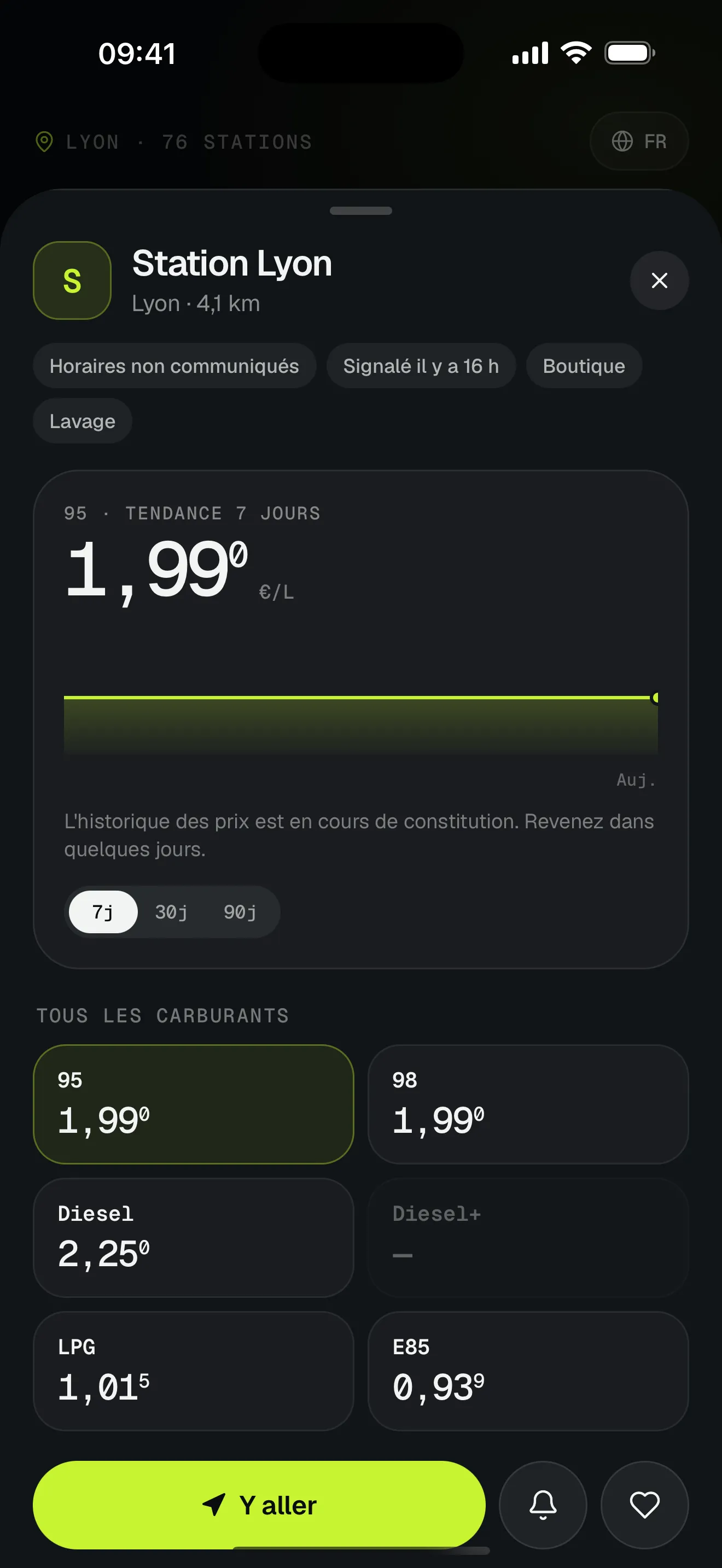 Fiche station avec le prix de chaque carburant et la courbe d’historique des prix