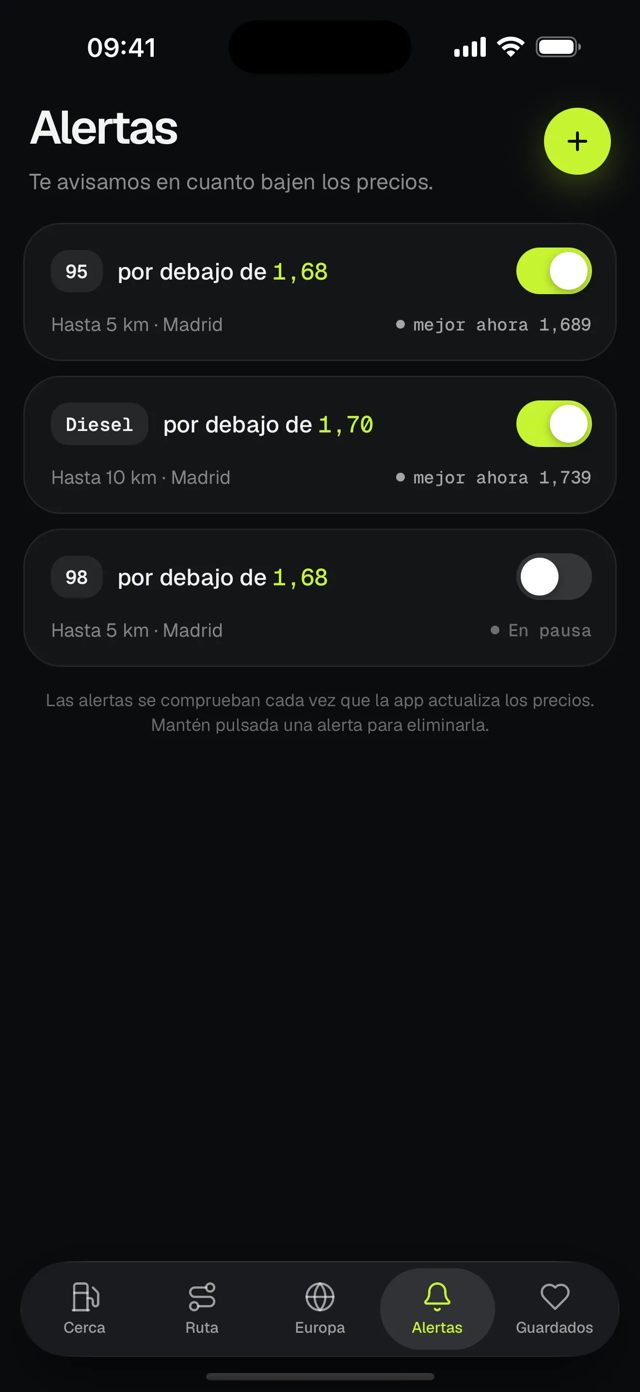 Alertas de precio con un precio objetivo y un radio para cada carburante
