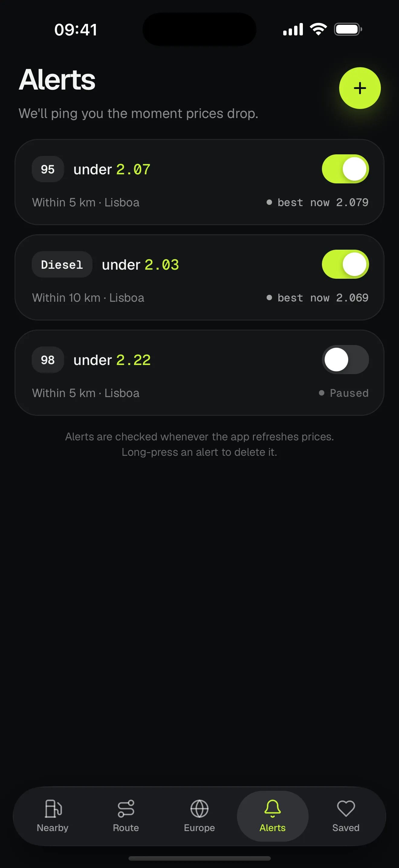 Price alerts with a target price and radius for each fuel