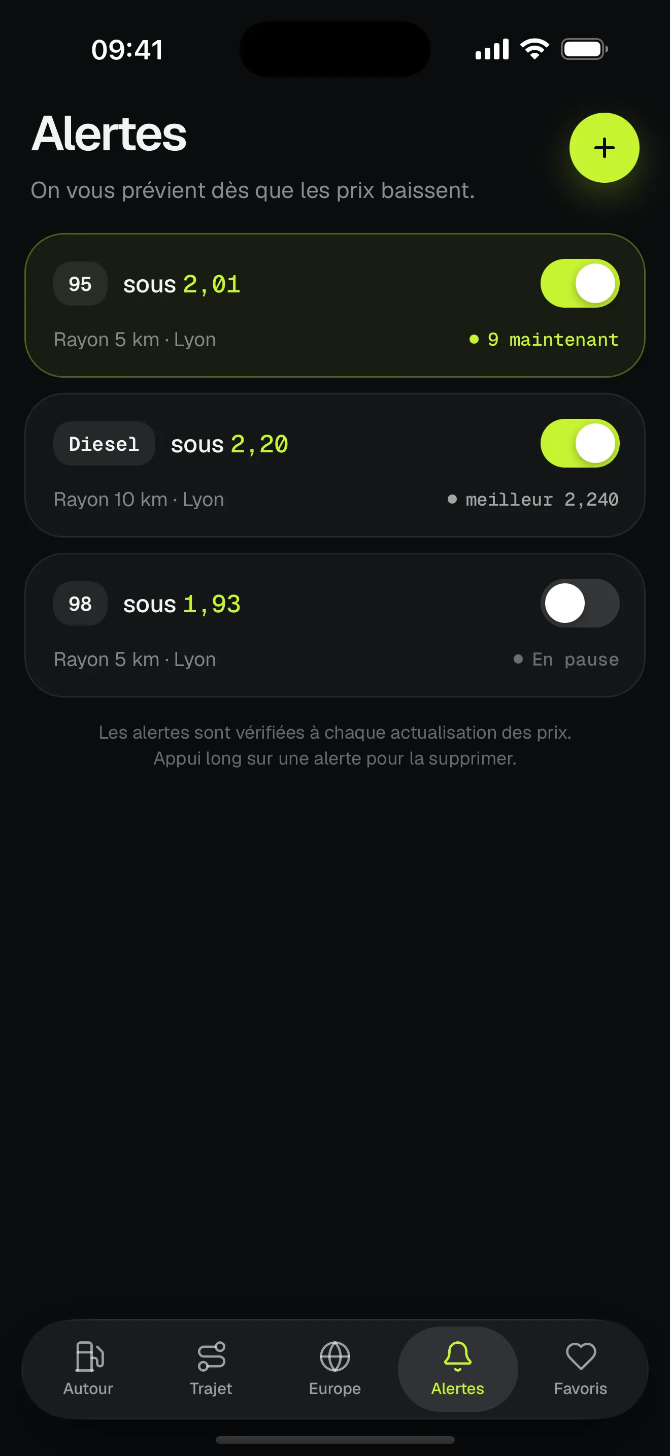Alertes prix avec un prix cible et un rayon pour chaque carburant