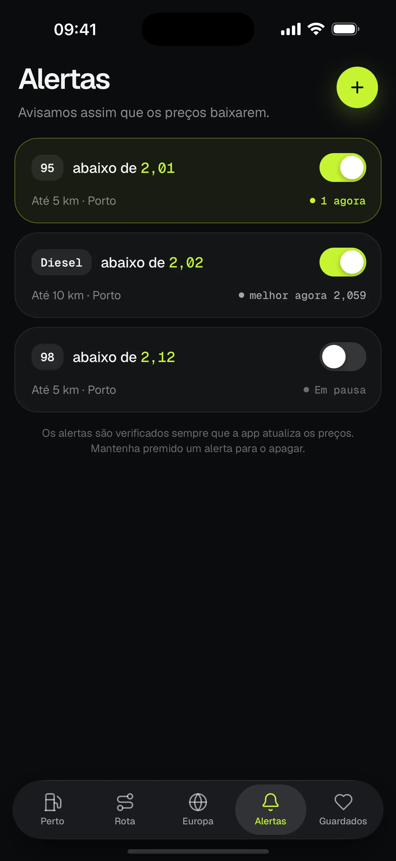 Alertas de preço com preço alvo e raio para cada combustível